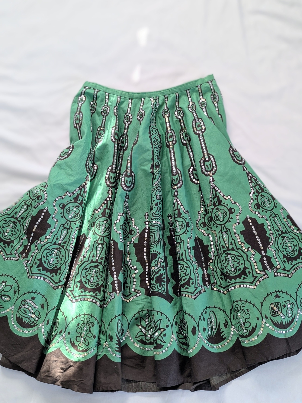 Vintage Sequin Green Printed Full Circle Skirt